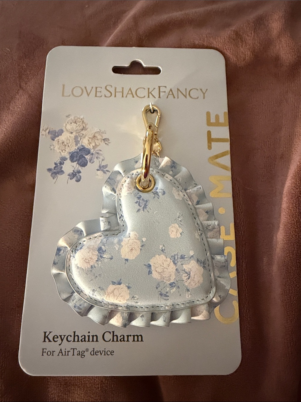 LoveShackFancy Blue Floral Heart Keychain Charm with Gold Hardware